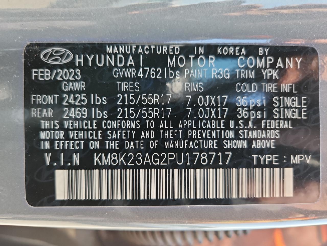 2023 Hyundai Kona Se VIN: KM8K23AG2PU178717 Lot: 71732505