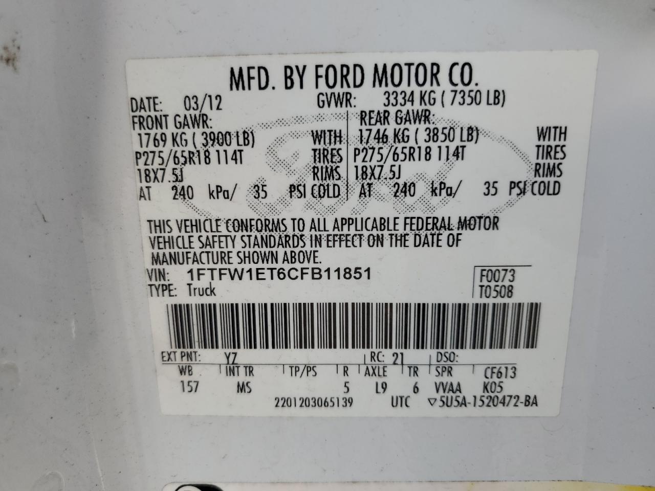2012 Ford F150 Supercrew VIN: 1FTFW1ET6CFB11851 Lot: 71863715