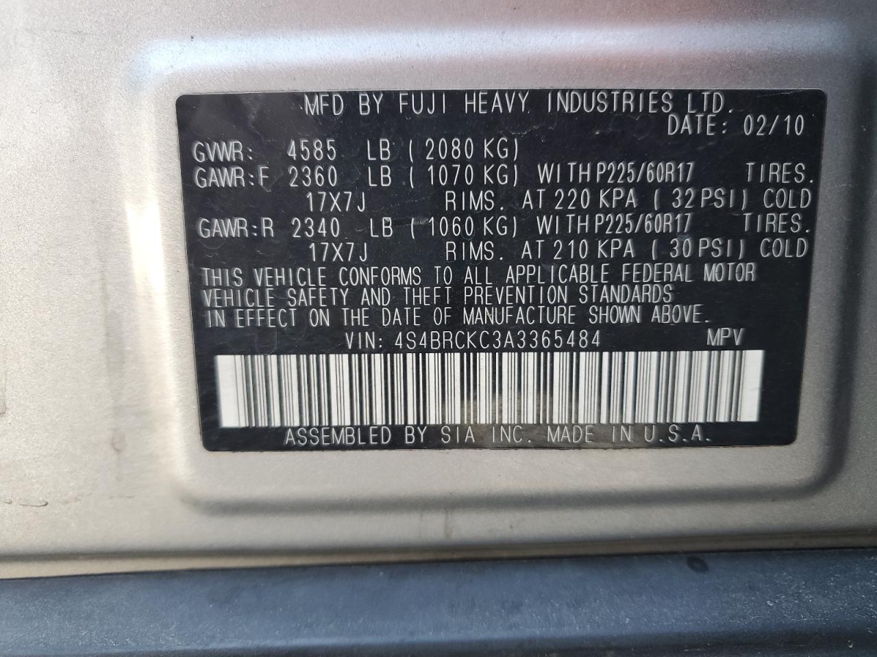 2010 Subaru Outback 2.5I Limited VIN: 4S4BRCKC3A3365484 Lot: 71169925