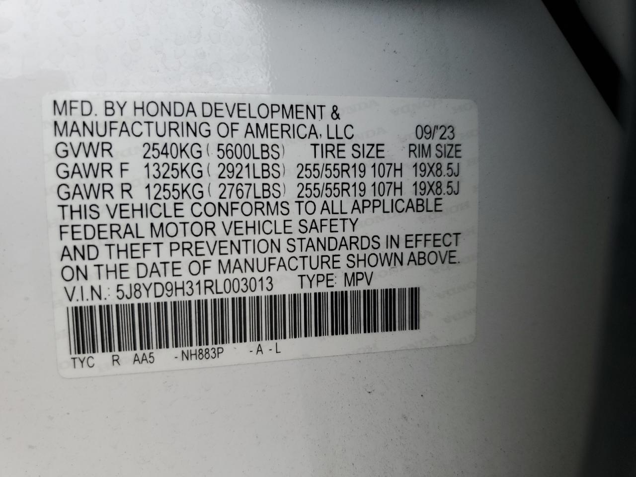 2024 Acura Mdx VIN: 5J8YD9H31RL003013 Lot: 84595915