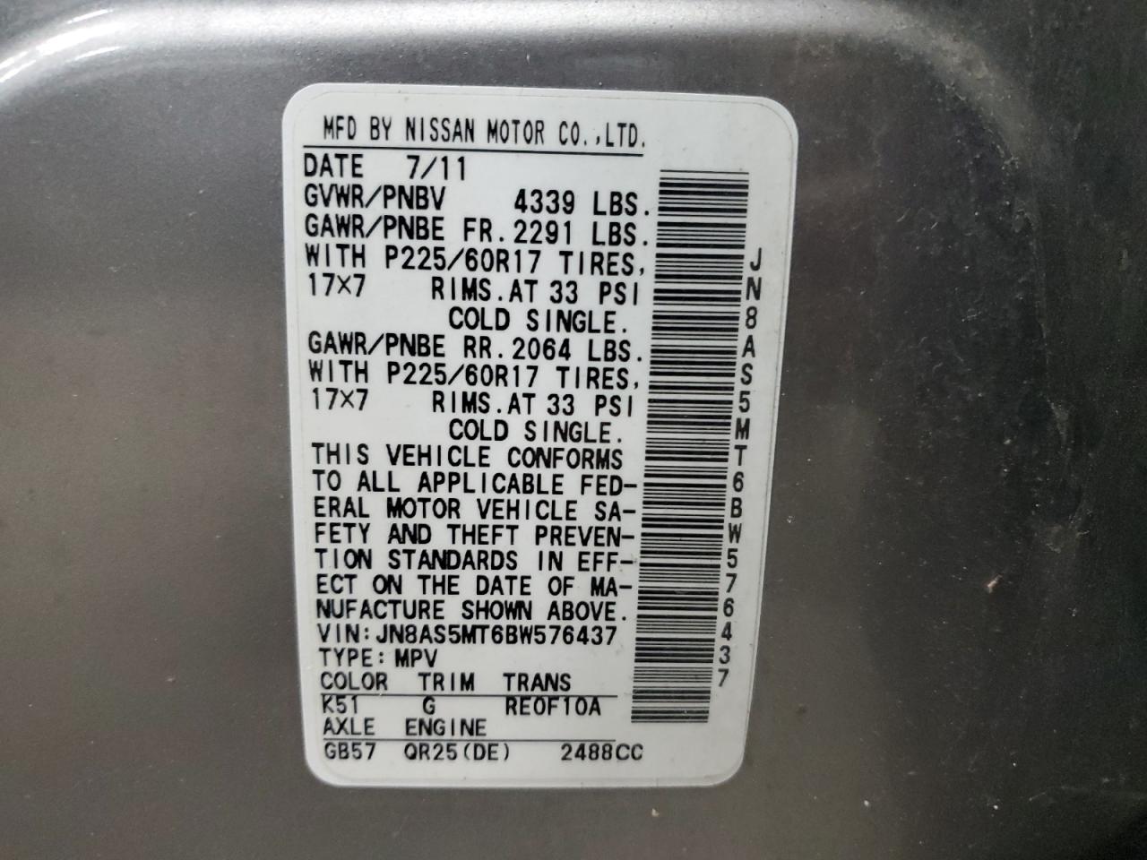 2011 Nissan Rogue S VIN: JN8AS5MT6BW576437 Lot: 71005345