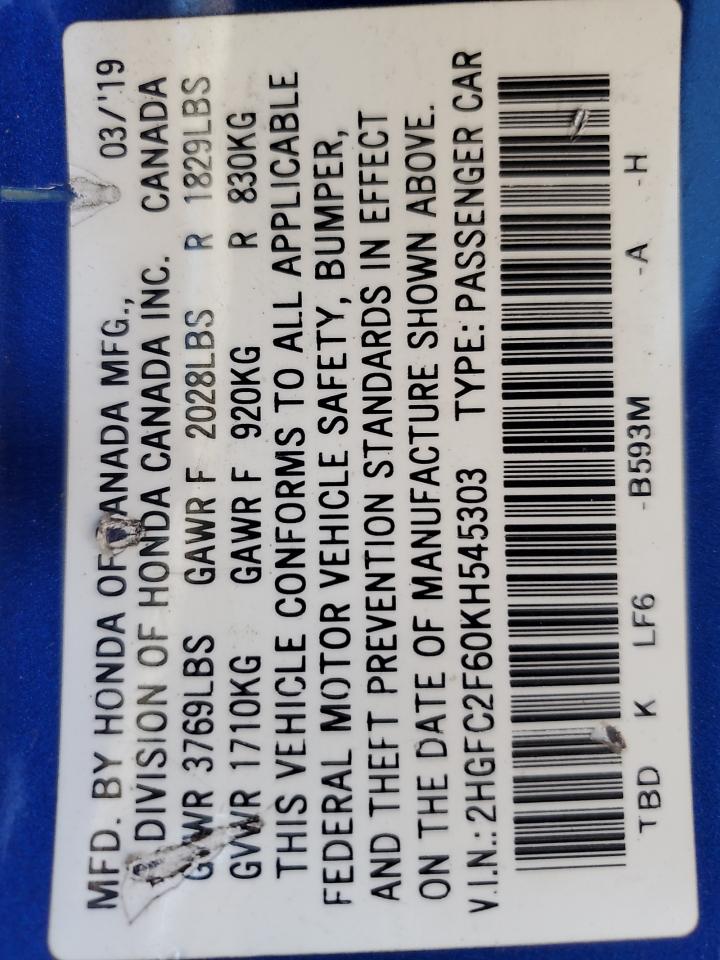 2019 Honda Civic Lx VIN: 2HGFC2F60KH545303 Lot: 80409645