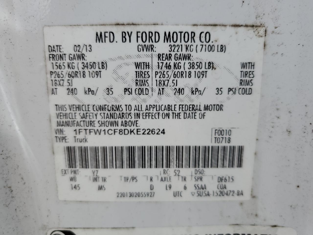 2013 Ford F150 Supercrew VIN: 1FTFW1CF8DKE22624 Lot: 81422565