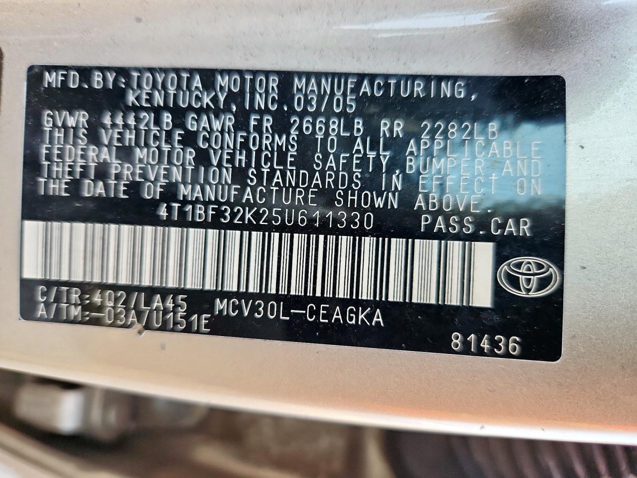 2005 Toyota Camry Le VIN: 4T1BF32K25U611330 Lot: 72001735