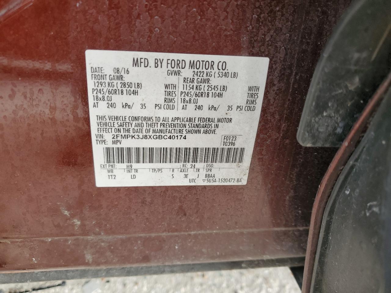 2016 Ford Edge Sel VIN: 2FMPK3J8XGBC40174 Lot: 84712215