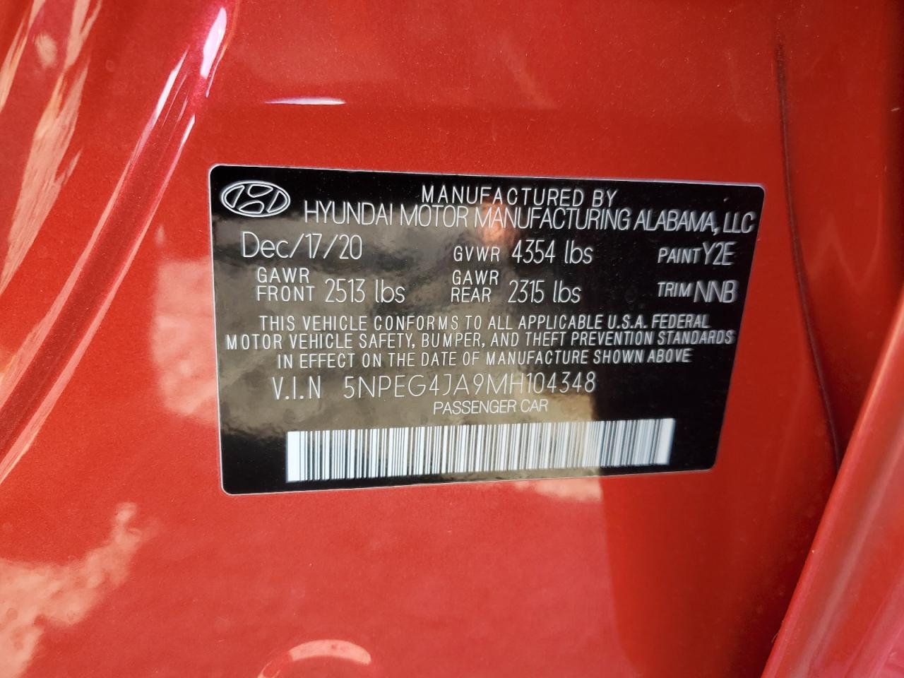 2021 Hyundai Sonata Se VIN: 5NPEG4JA9MH104348 Lot: 84015045