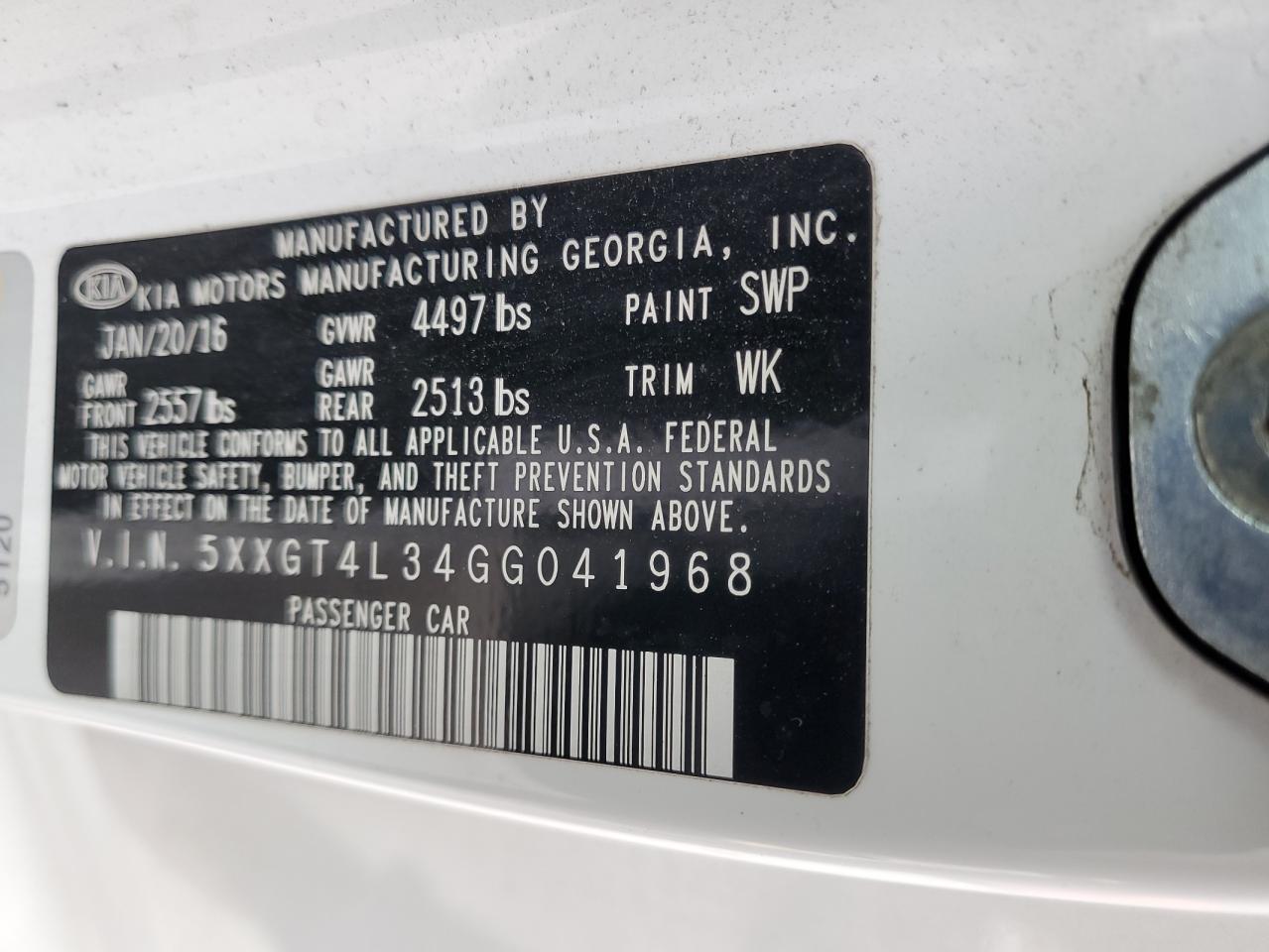 2016 Kia Optima Lx VIN: 5XXGT4L34GG041968 Lot: 84052985