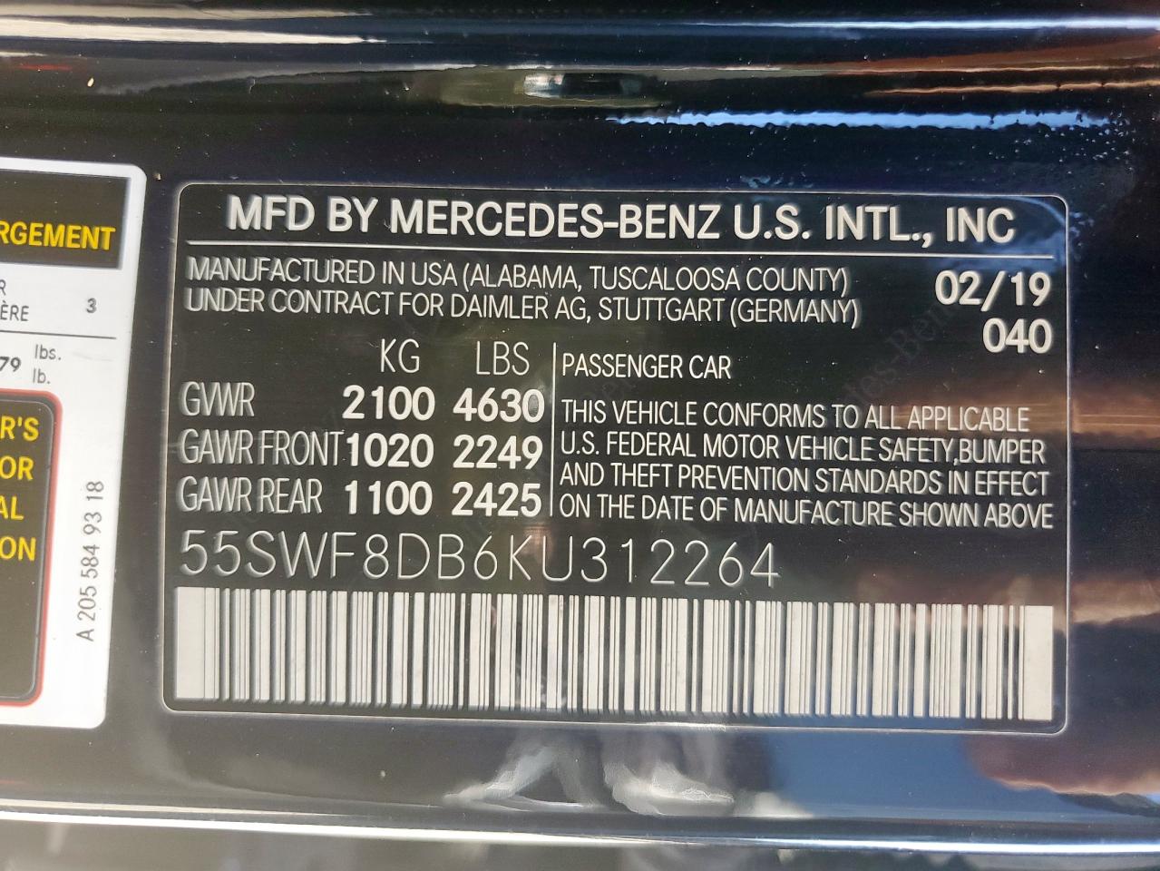 2019 Mercedes-Benz C 300 VIN: 55SWF8DB6KU312264 Lot: 72026275