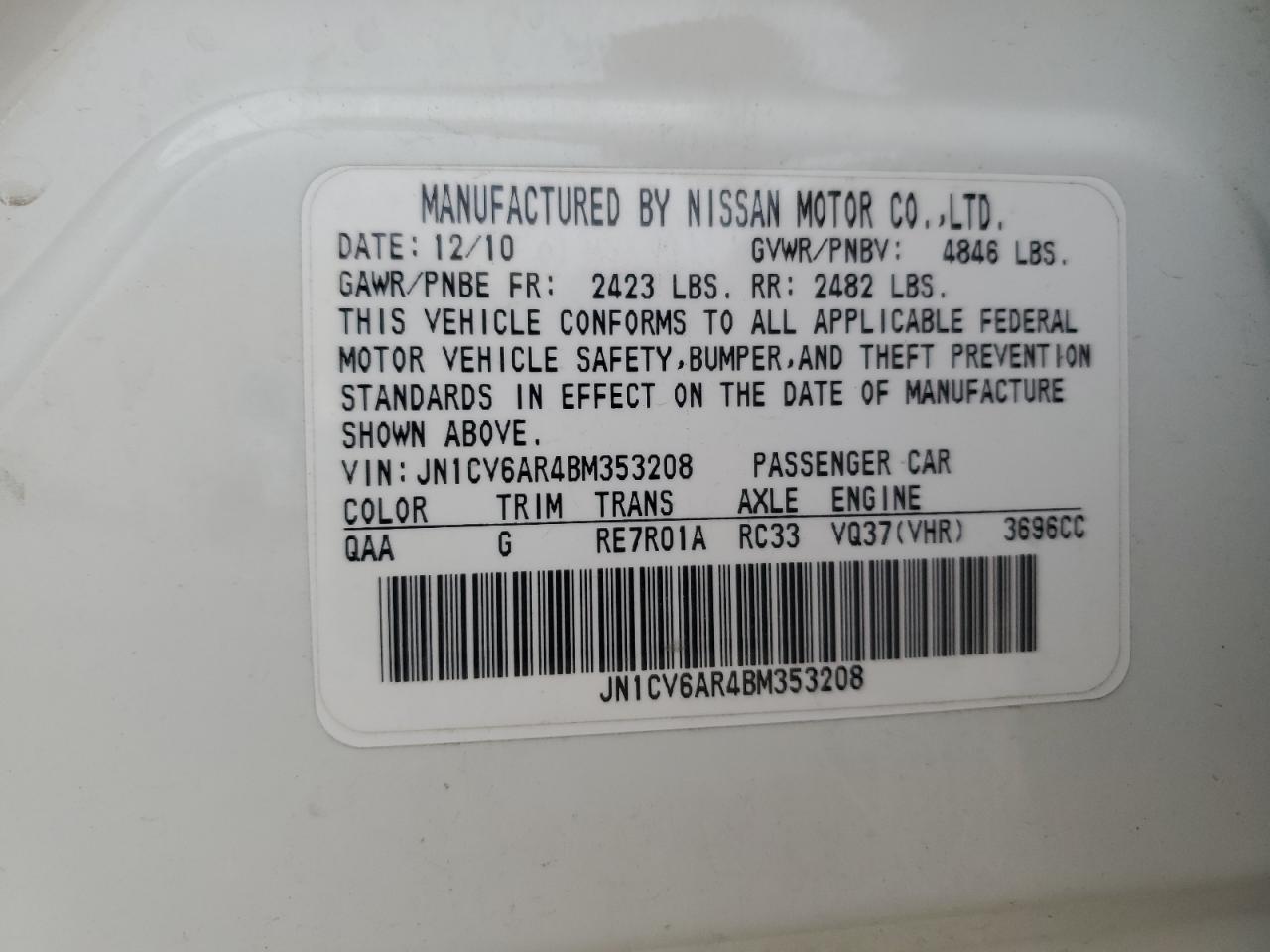 2011 Infiniti G37 VIN: JN1CV6AR4BM353208 Lot: 84624275