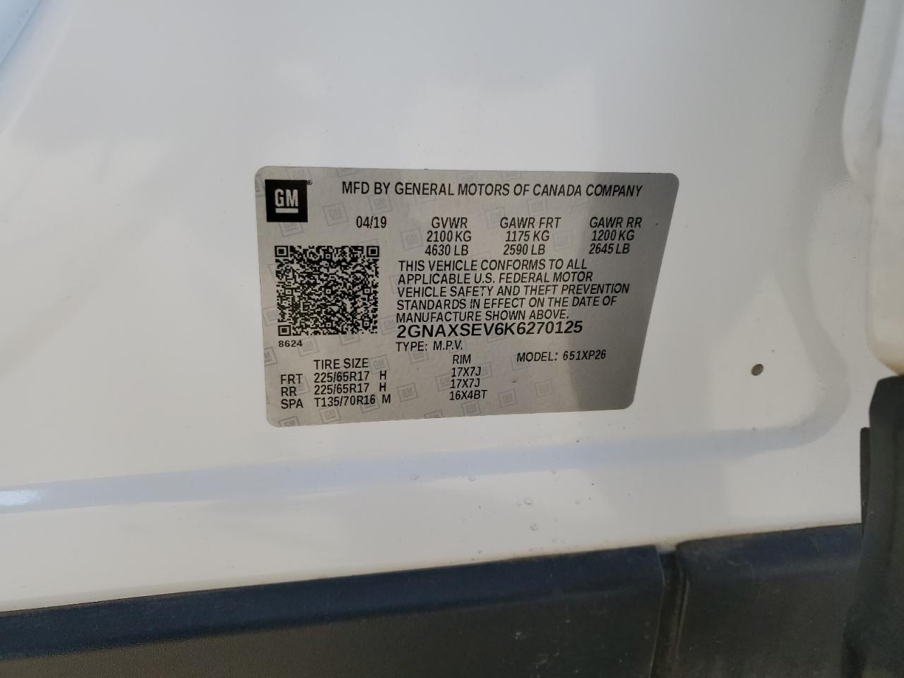 2019 Chevrolet Equinox Ls VIN: 2GNAXSEV6K6270125 Lot: 80550805