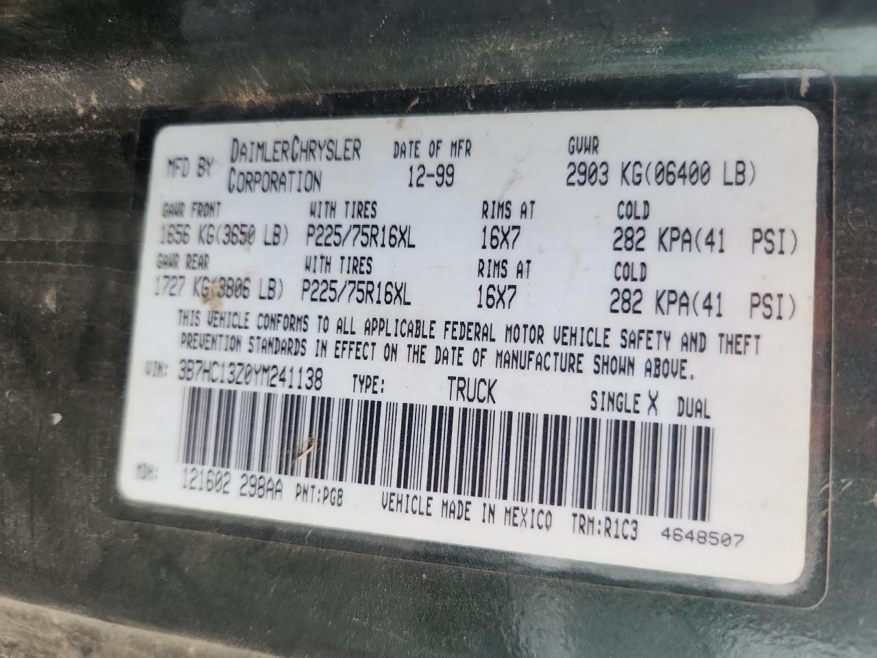 2000 Dodge Ram 1500 VIN: 3B7HC13Z0YM241138 Lot: 81446335