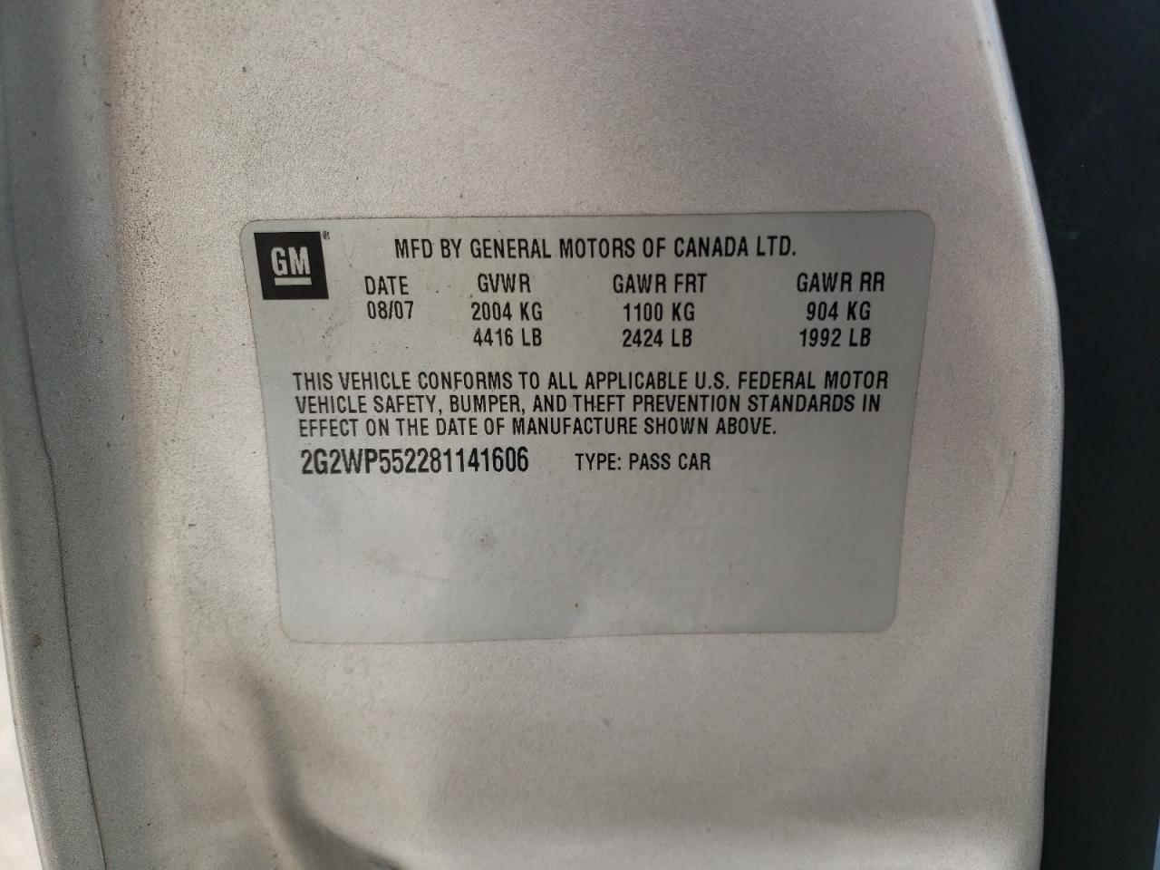 2008 Pontiac Grand Prix VIN: 2G2WP552281141606 Lot: 81099775