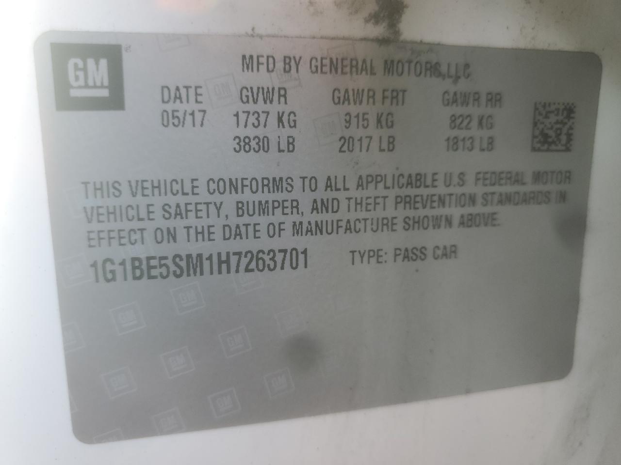2017 Chevrolet Cruze Lt VIN: 1G1BE5SM1H7263701 Lot: 83952655