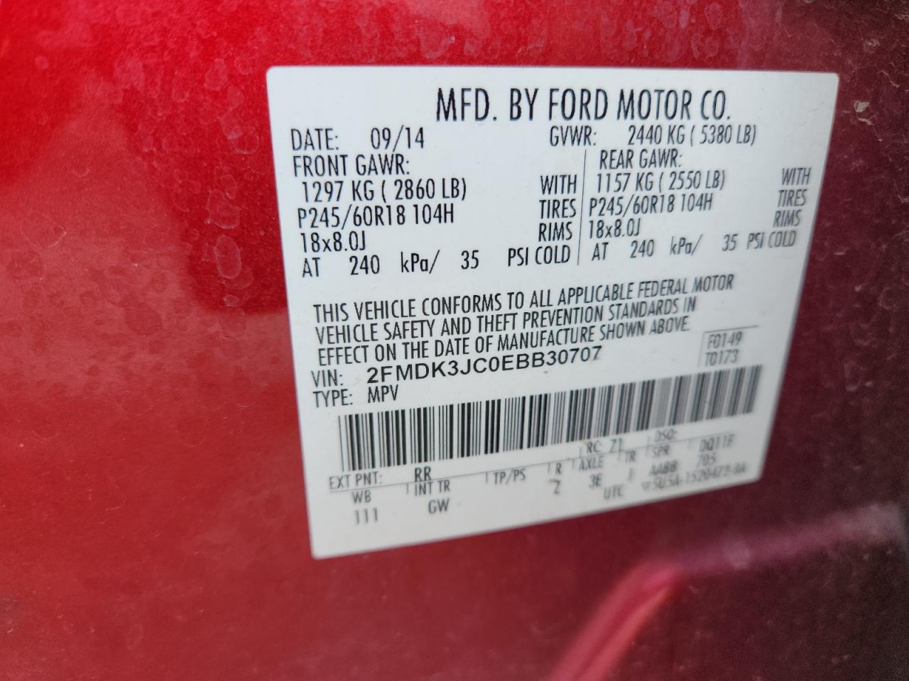 2014 Ford Edge Sel VIN: 2FMDK3JC0EBB30707 Lot: 71670395