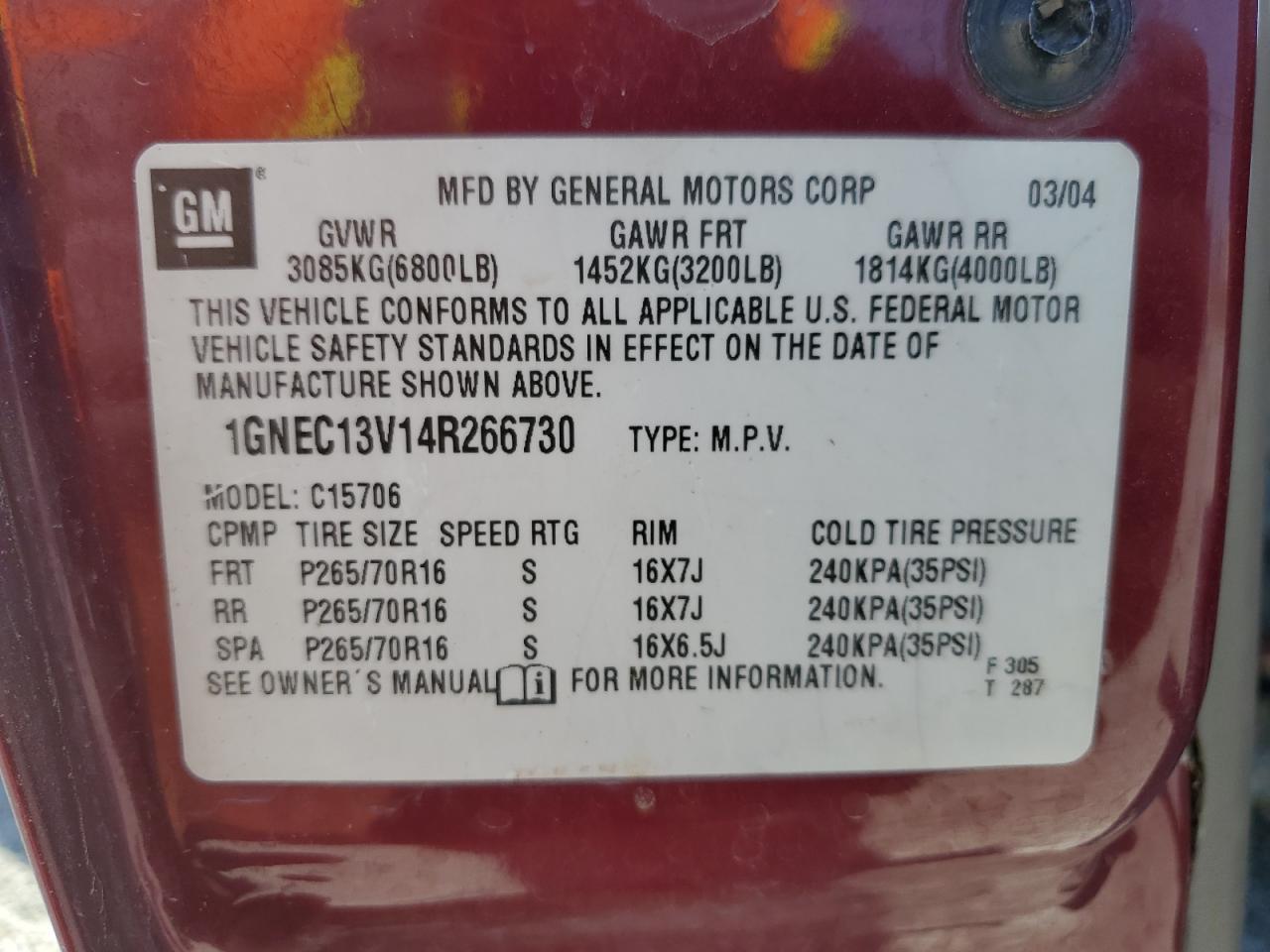 2004 Chevrolet Tahoe C1500 VIN: 1GNEC13V14R266730 Lot: 71739675