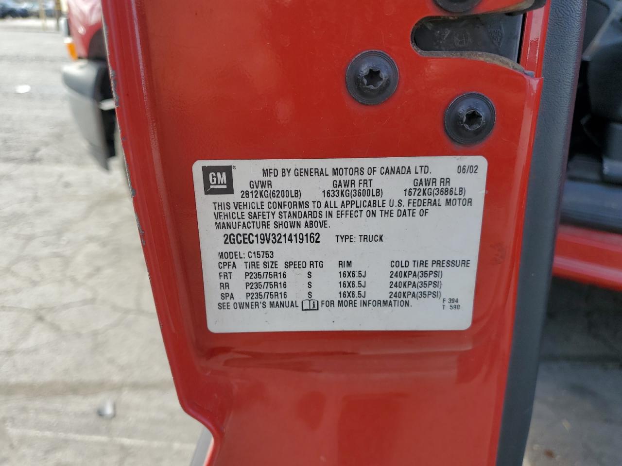 2002 Chevrolet Silverado C1500 VIN: 2GCEC19V321419162 Lot: 81131235