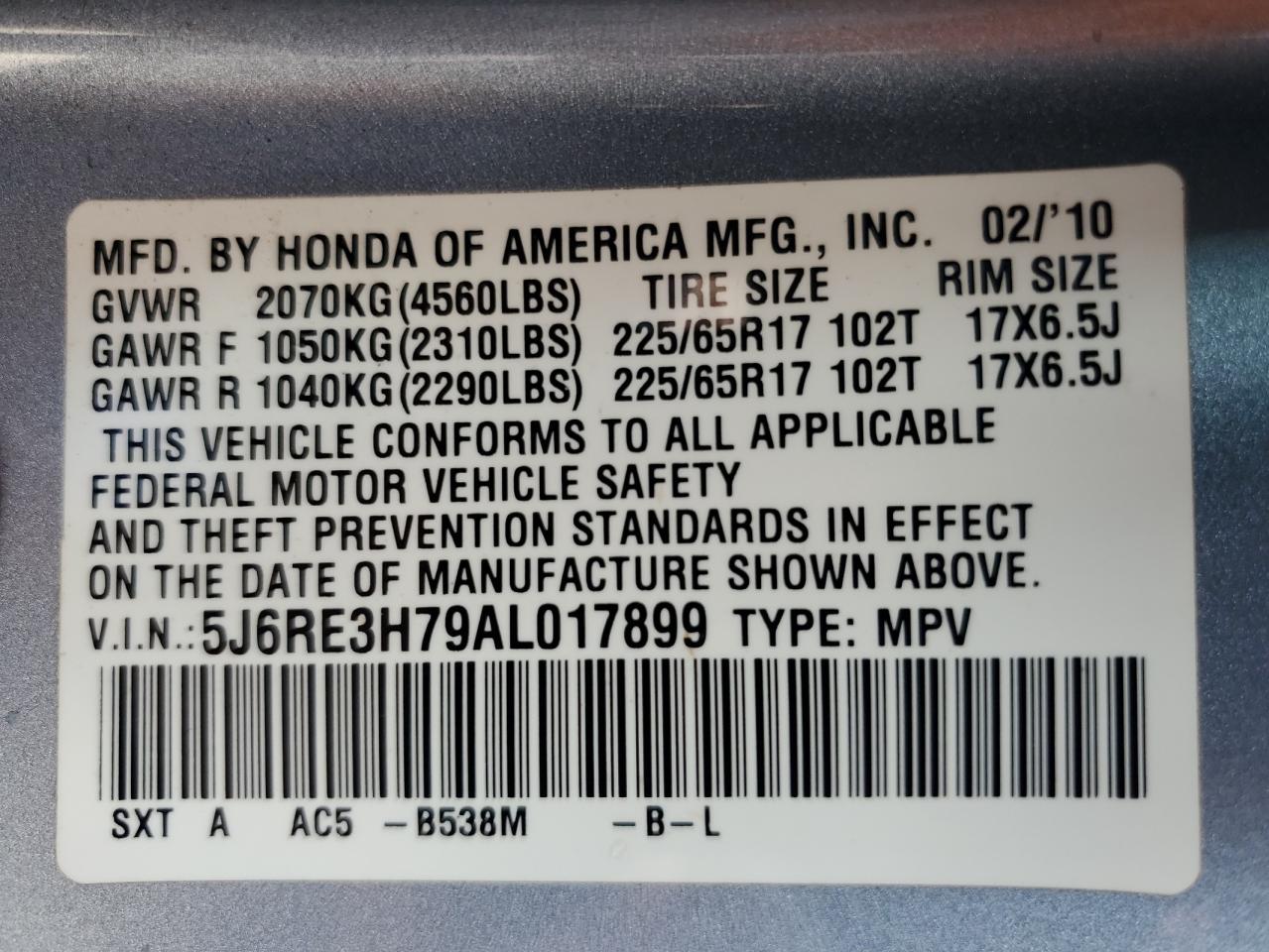 2010 Honda Cr-V Exl VIN: 5J6RE3H79AL017899 Lot: 81180765