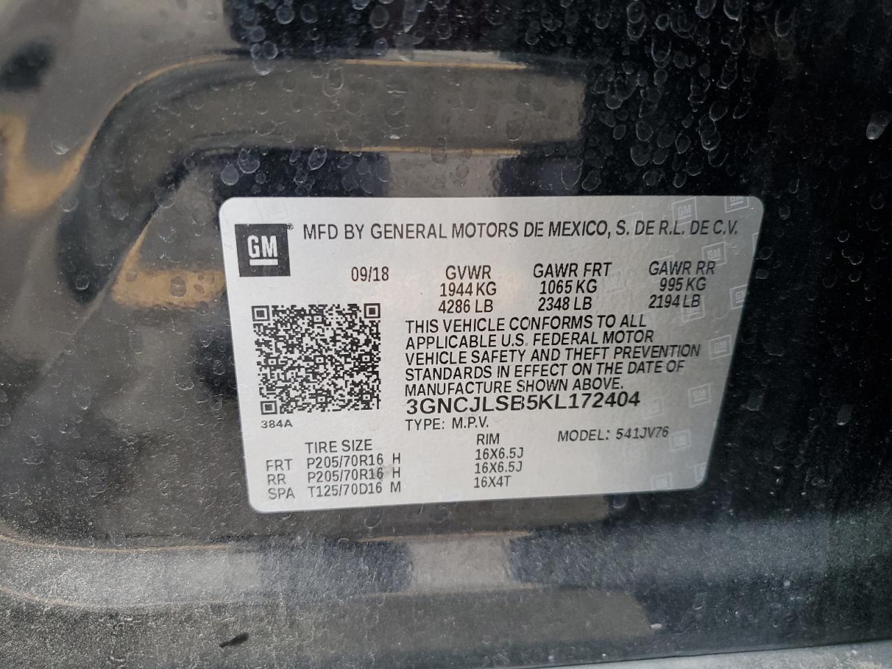 2019 Chevrolet Trax 1Lt VIN: 3GNCJLSB5KL172404 Lot: 71710285