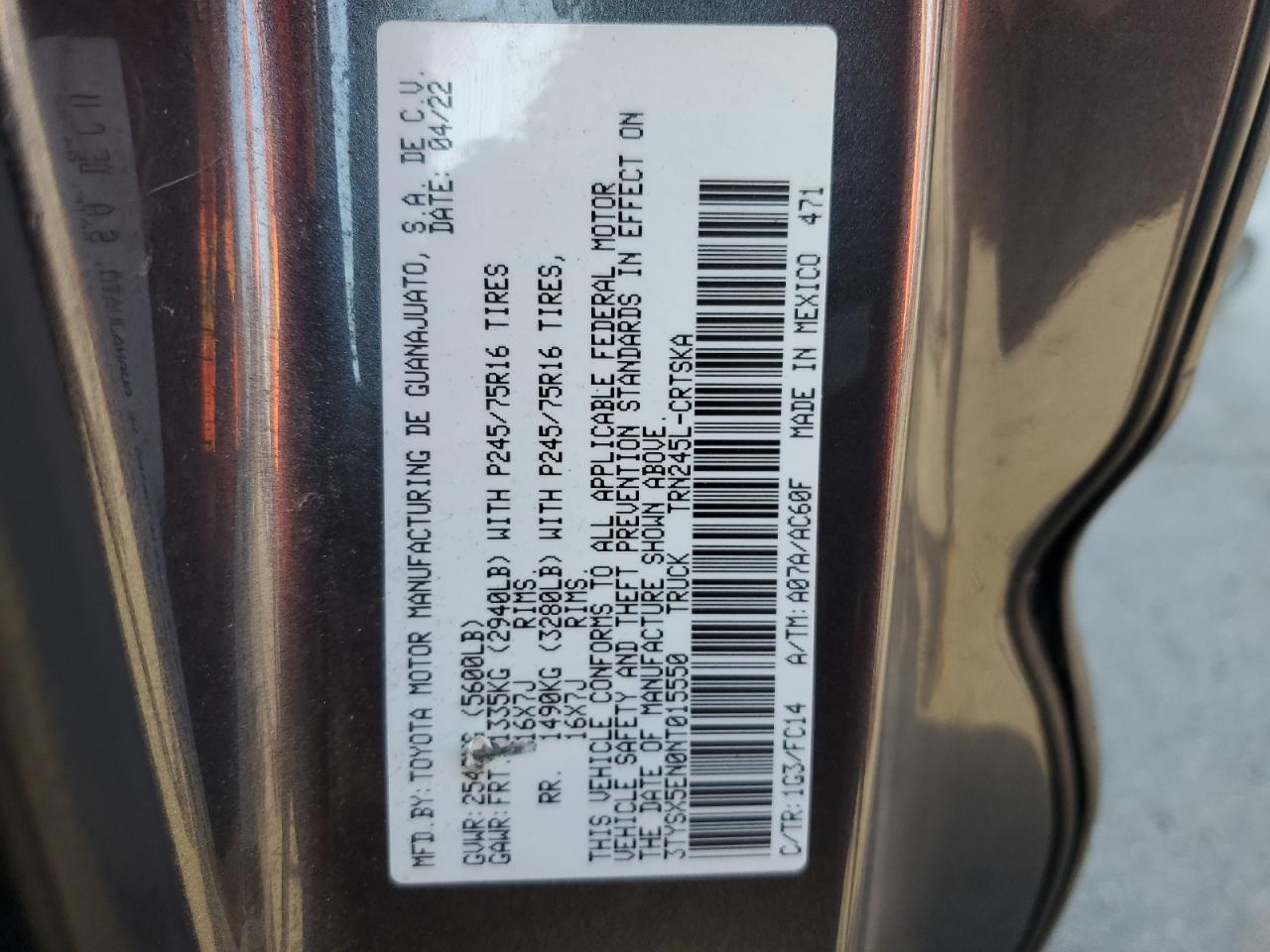 2022 Toyota Tacoma Access Cab VIN: 3TYSX5EN0NT015550 Lot: 84019535