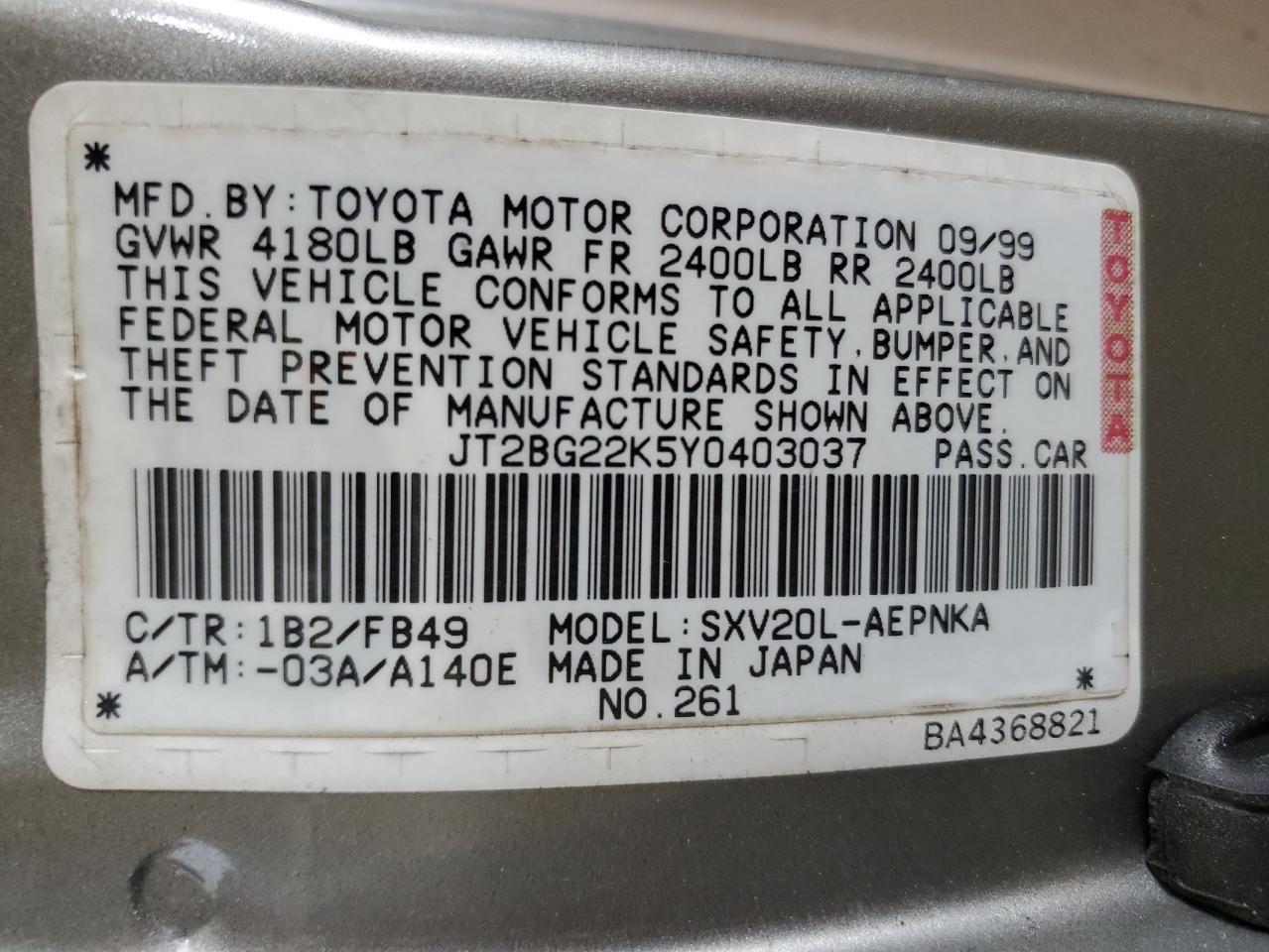 2000 Toyota Camry Ce VIN: JT2BG22K5Y0403037 Lot: 84022845