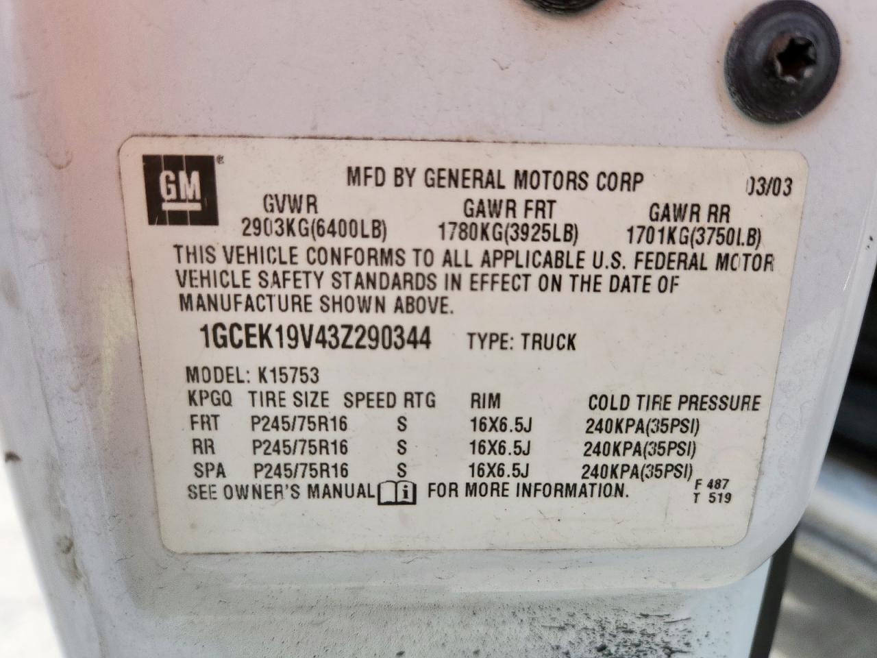 2003 Chevrolet Silverado K1500 VIN: 1GCEK19V43Z290344 Lot: 84291645