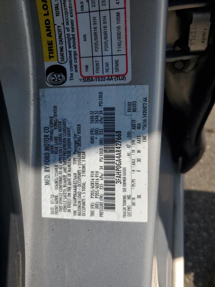 2010 Ford Fusion S VIN: 3FAHP0GA4AR427668 Lot: 81875335