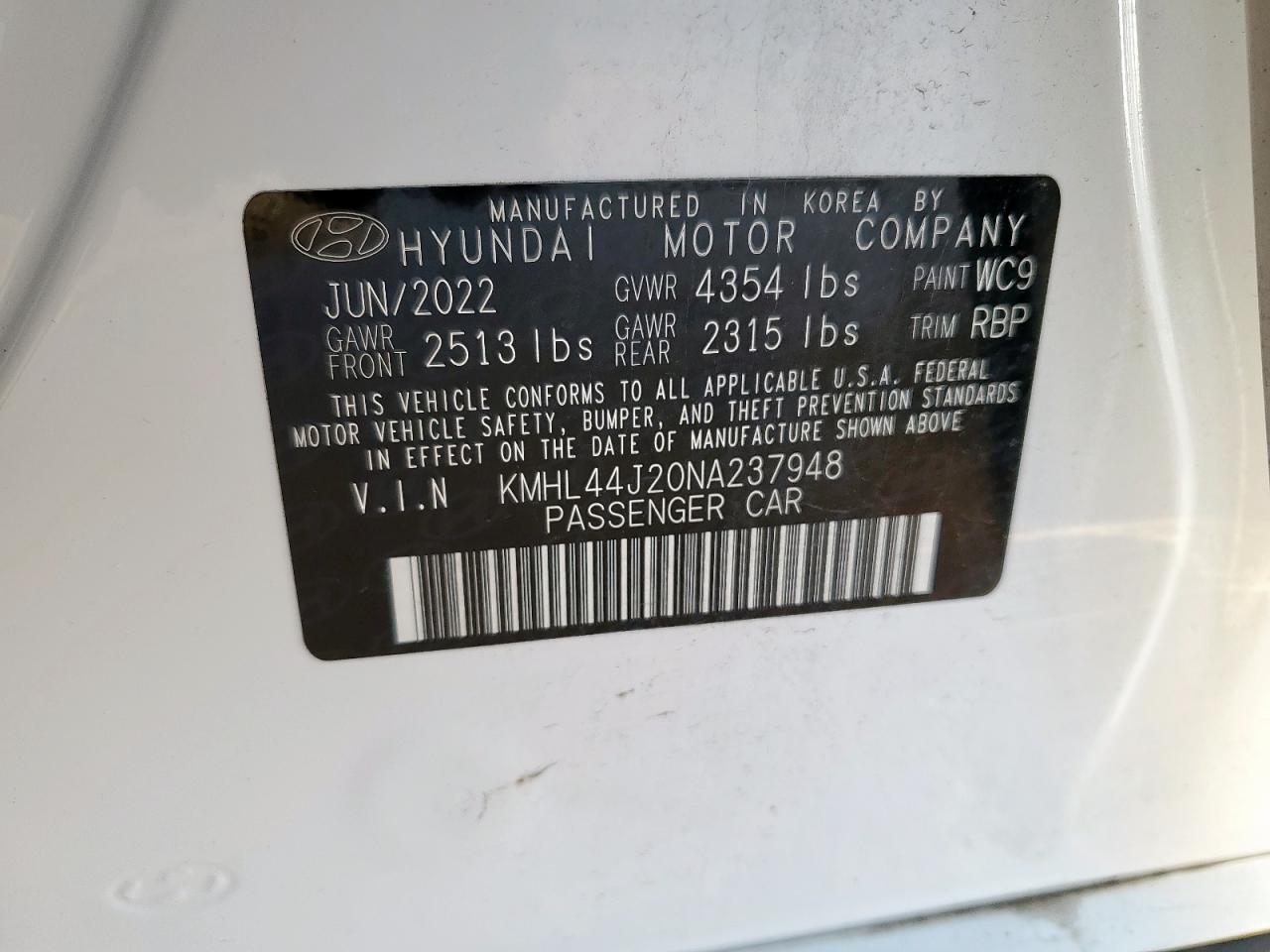 2022 Hyundai Sonata Sel Plus VIN: KMHL44J20NA237948 Lot: 80025805