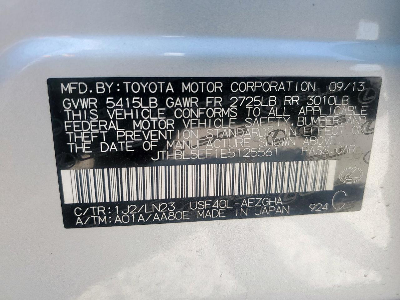 2014 Lexus Ls 460 VIN: JTHBL5EF1E5125561 Lot: 80390315