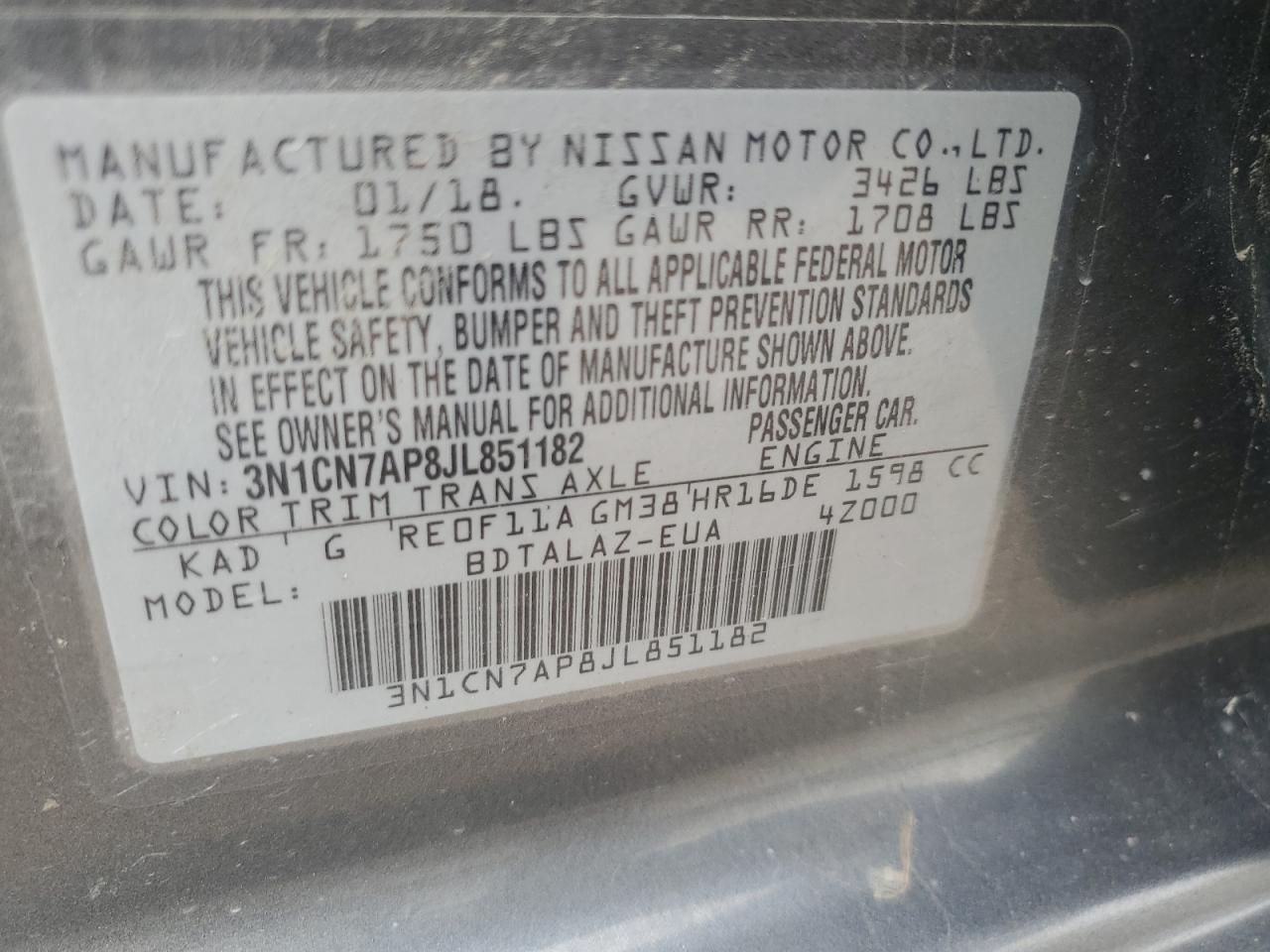 2018 Nissan Versa S VIN: 3N1CN7AP8JL851182 Lot: 71670515