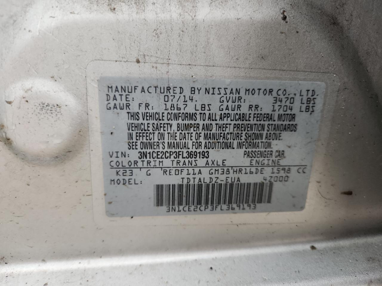 2015 Nissan Versa Note S VIN: 3N1CE2CP3FL369193 Lot: 82022865