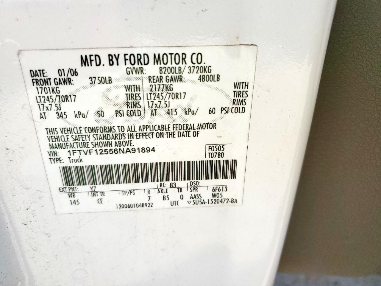 2006 Ford F150 VIN: 1FTVF12556NA91894 Lot: 84372935