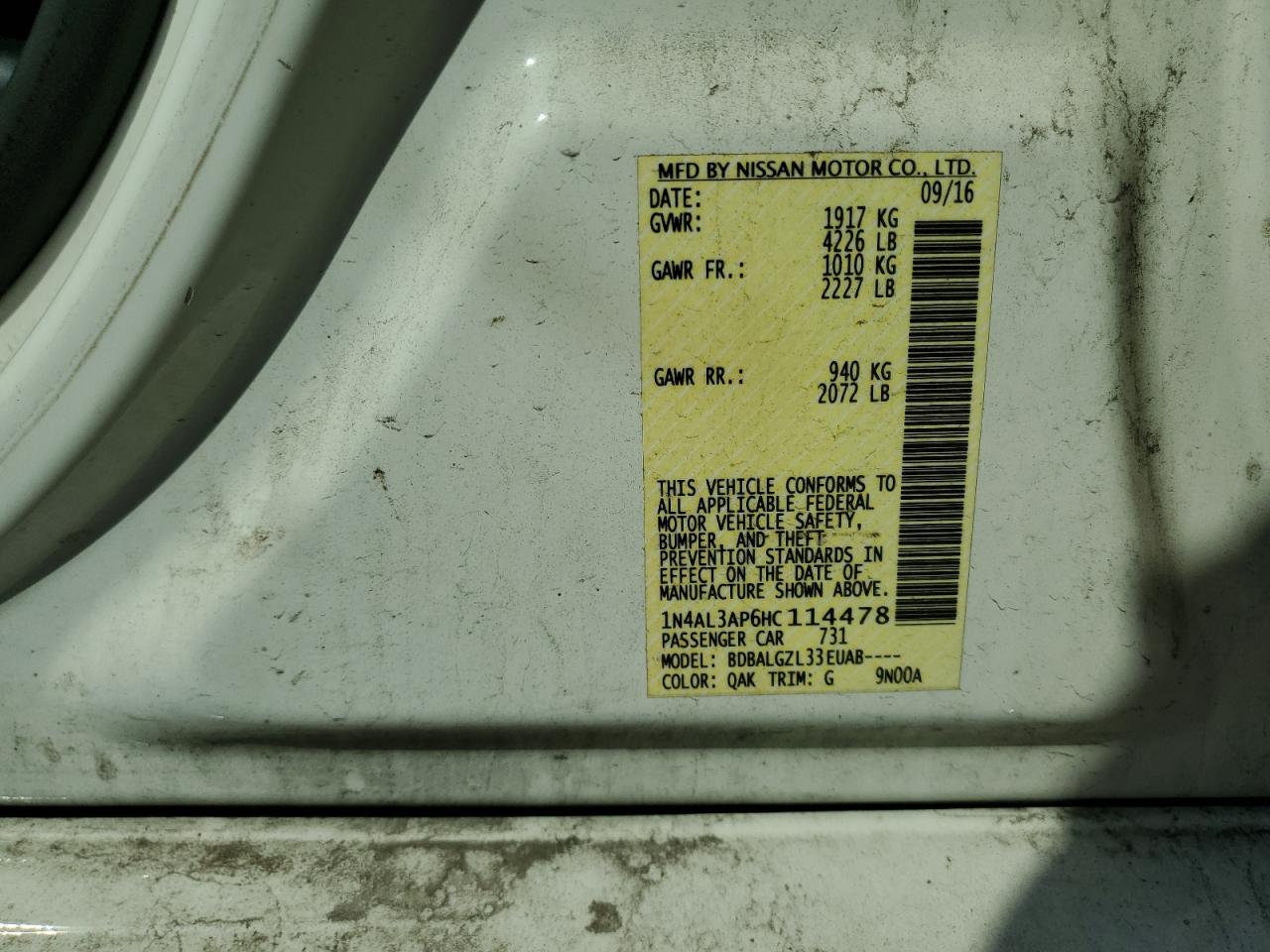 2017 Nissan Altima 2.5 VIN: 1N4AL3AP6HC114478 Lot: 81315315