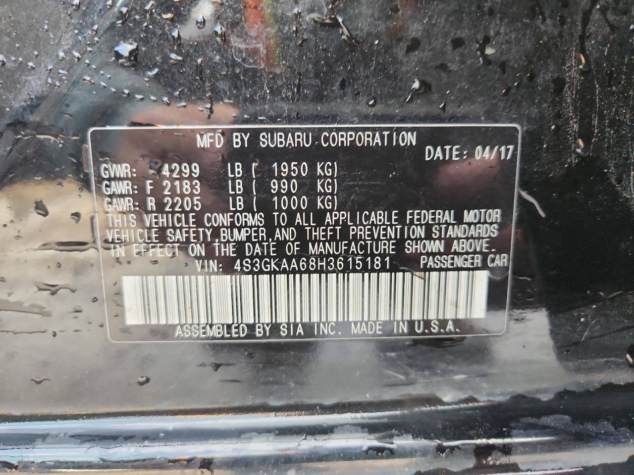 2017 Subaru Impreza VIN: 4S3GKAA68H3615181 Lot: 84630775