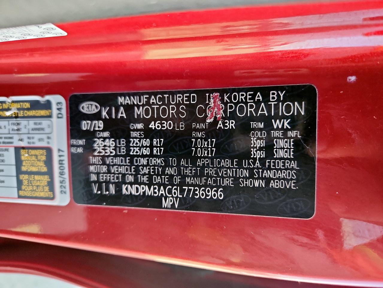 2020 Kia Sportage Lx VIN: KNDPM3AC6L7736966 Lot: 80627935