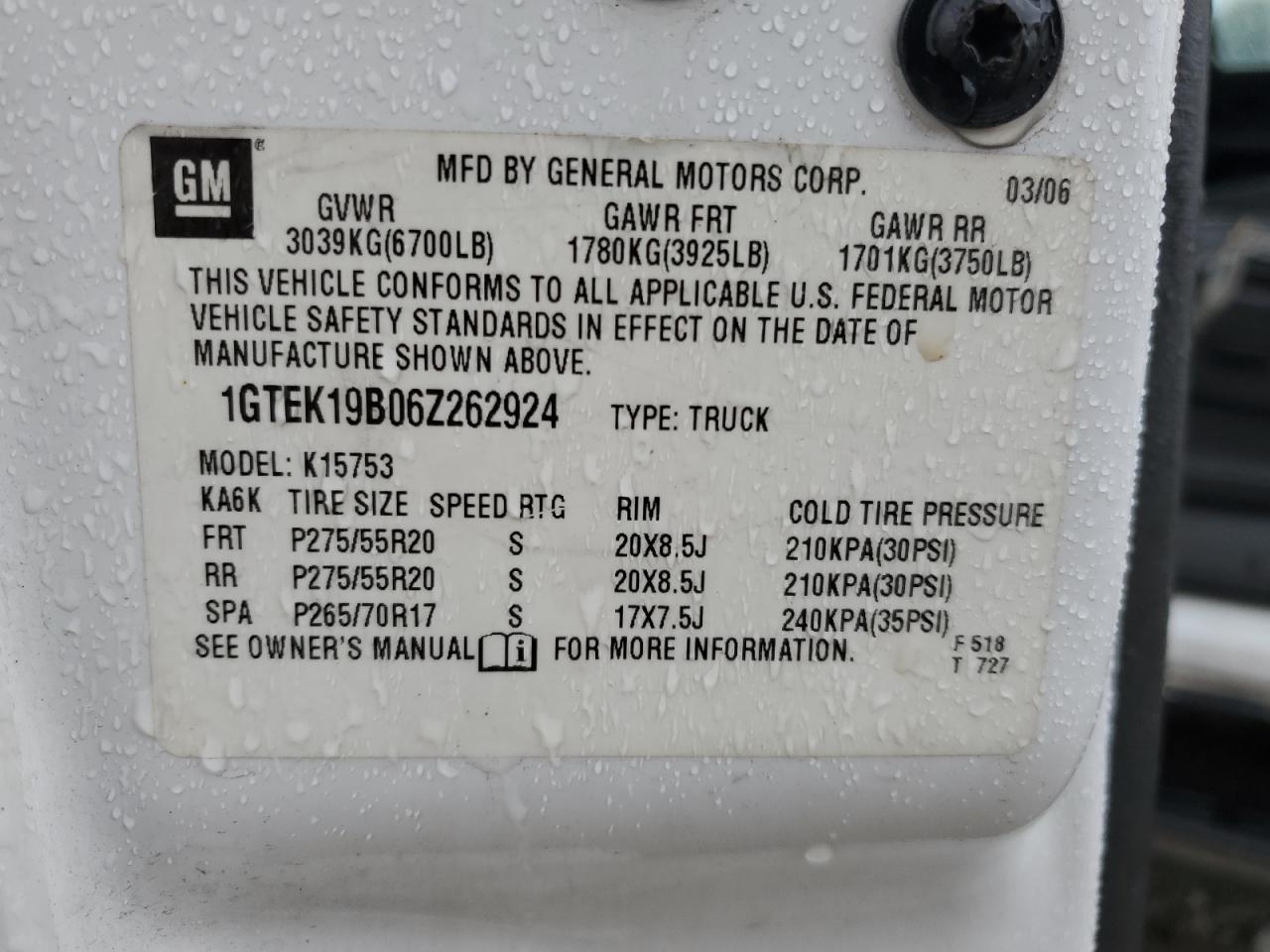 2006 GMC New Sierra K1500 VIN: 1GTEK19B06Z262924 Lot: 81559885