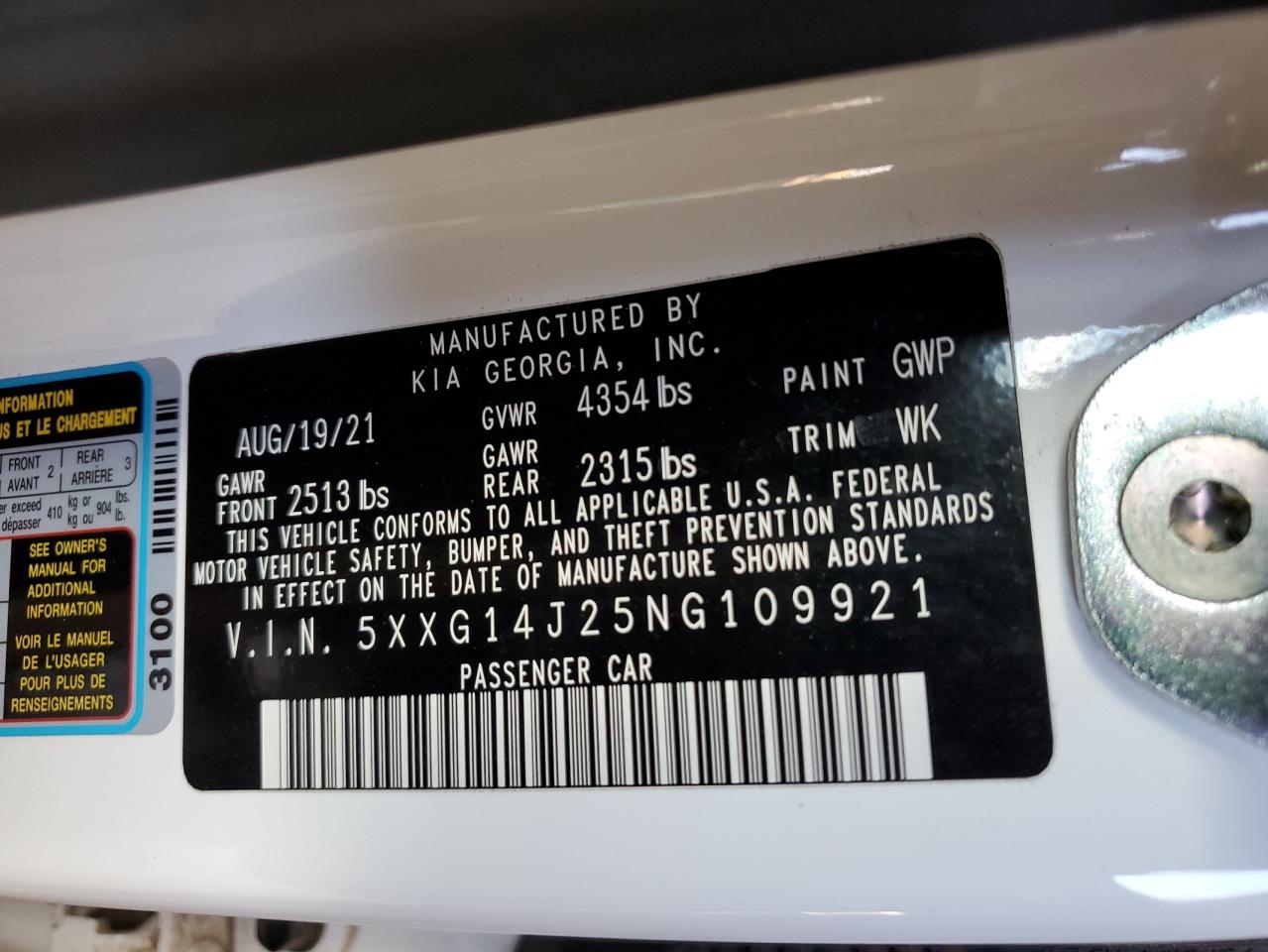 2022 Kia K5 Lxs VIN: 5XXG14J25NG109921 Lot: 69865825