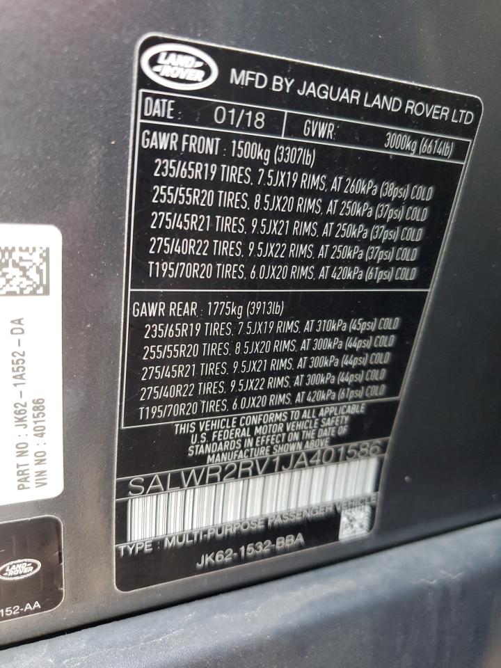 2018 Land Rover Range Rover Sport Hse VIN: SALWR2RV1JA401586 Lot: 84474065
