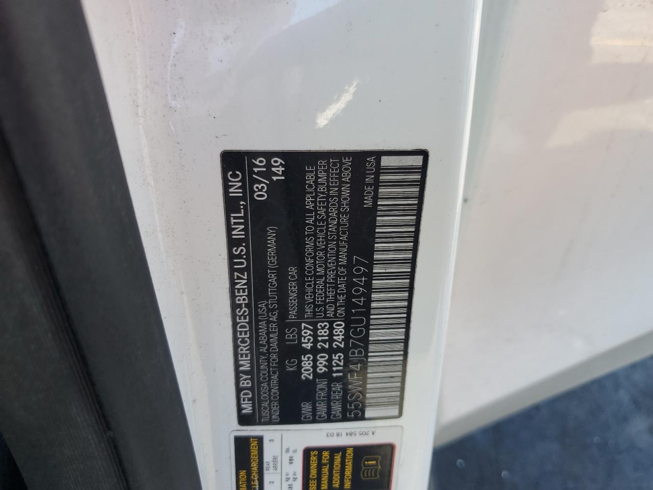 2016 Mercedes-Benz C 300 VIN: 55SWF4JB7GU149497 Lot: 84643485