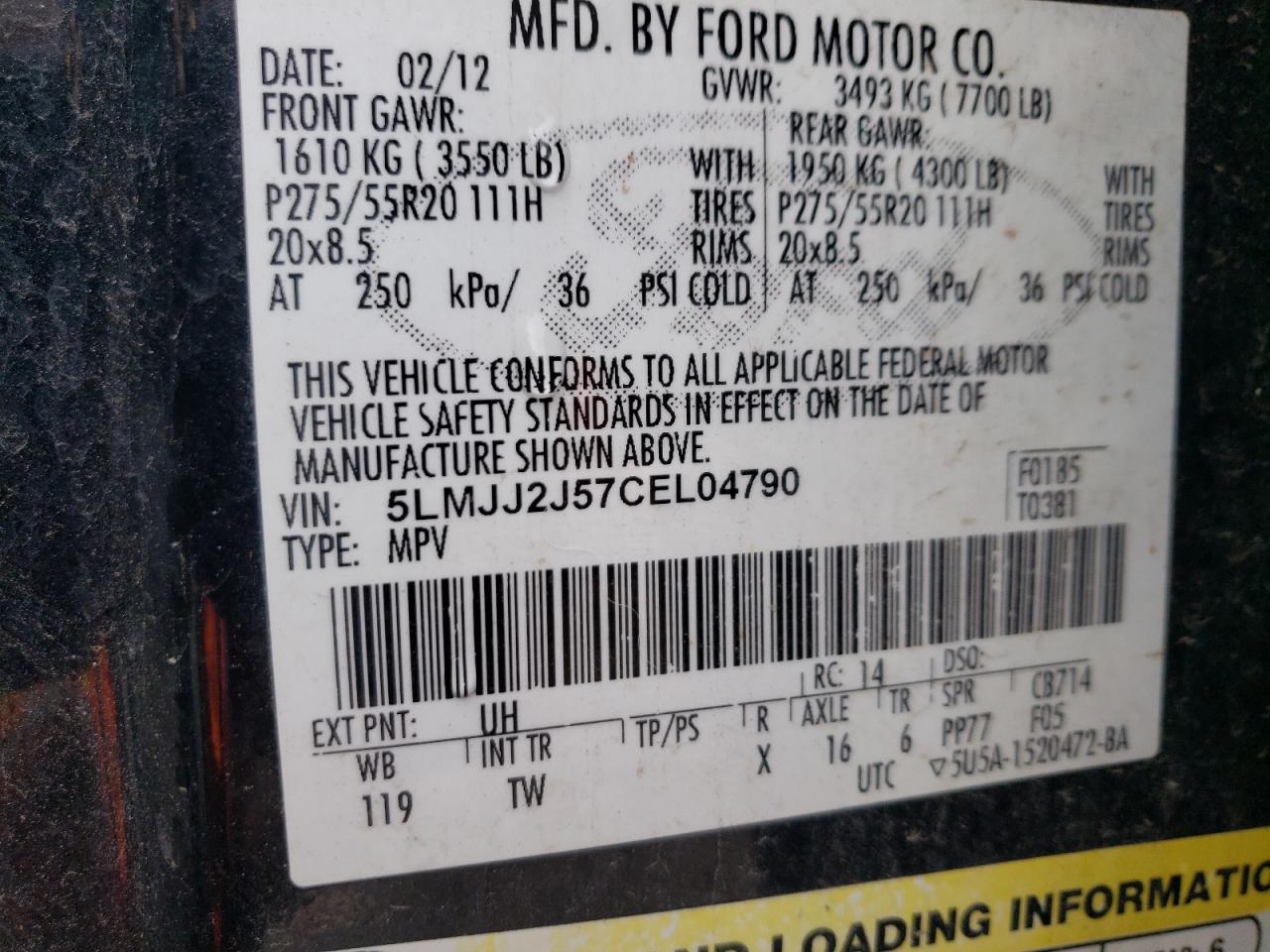 2012 Lincoln Navigator VIN: 5LMJJ2J57CEL04790 Lot: 82036675