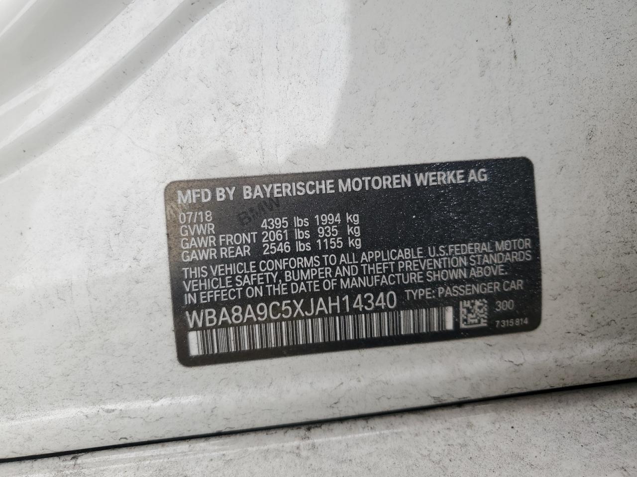 2018 BMW 320 I VIN: WBA8A9C5XJAH14340 Lot: 80249955