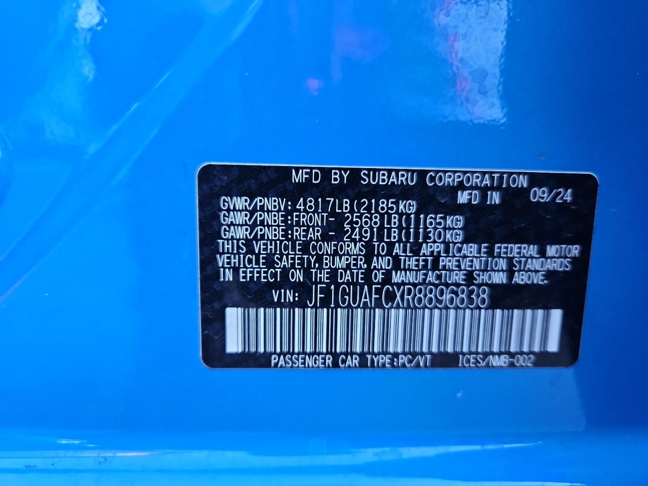 2024 Subaru Impreza Sport VIN: JF1GUAFCXR8896838 Lot: 83982985