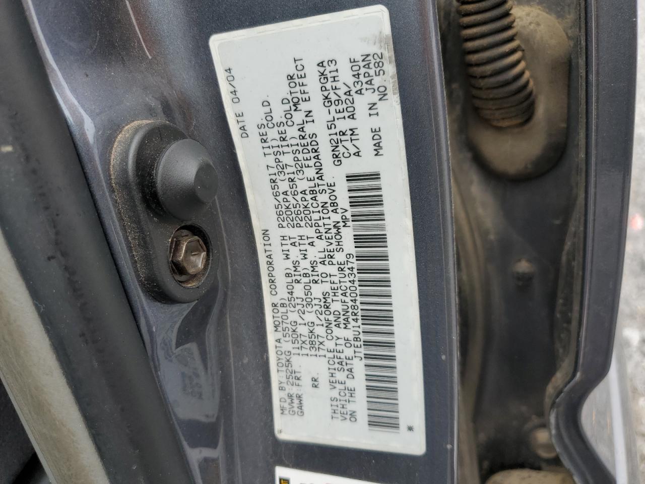 2004 Toyota 4Runner Sr5 VIN: JTEBU14R840043479 Lot: 82148235