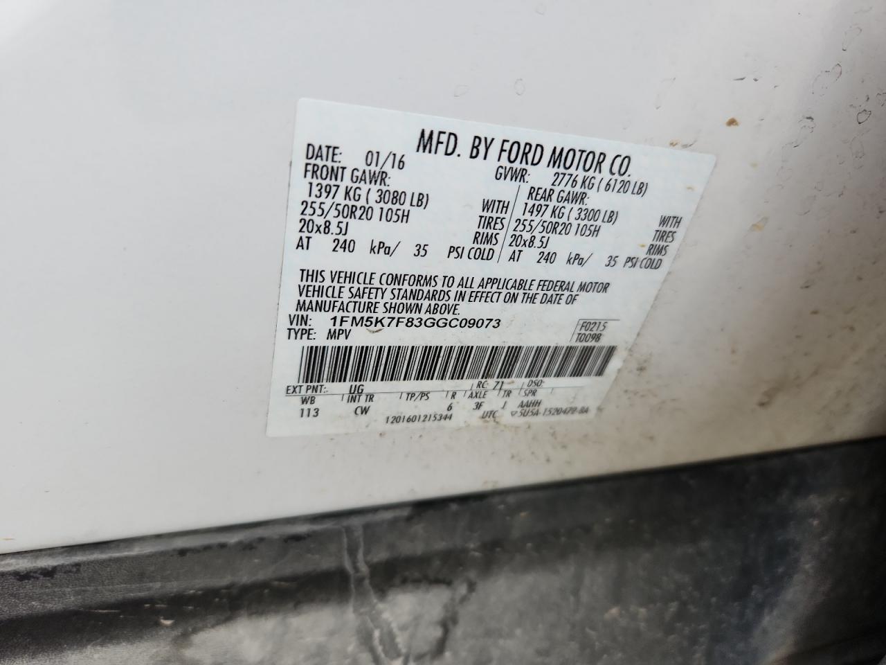 2016 Ford Explorer Limited VIN: 1FM5K7F83GGC09073 Lot: 83957445