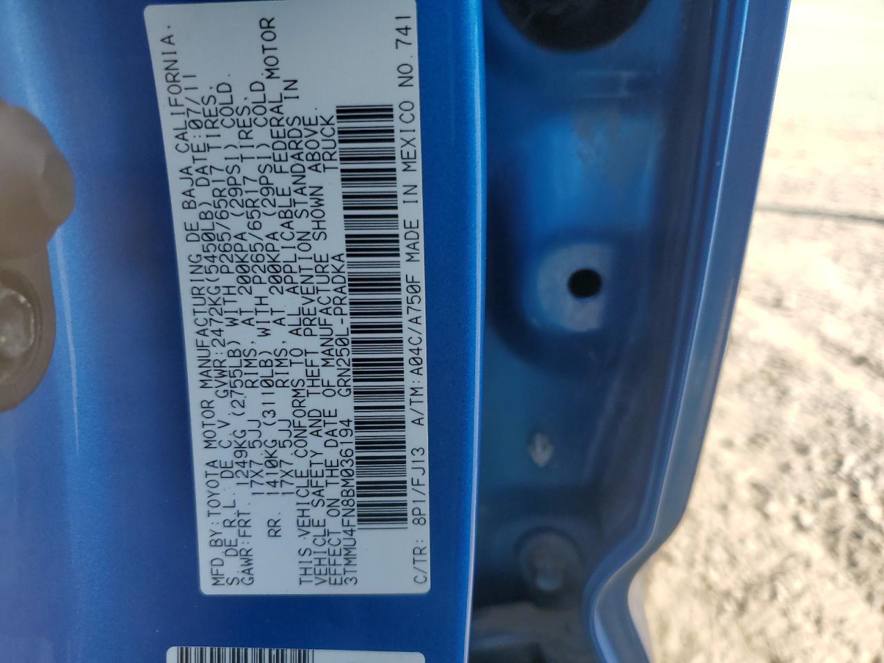 2011 Toyota Tacoma Double Cab Long Bed VIN: 3TMMU4FN8BM036194 Lot: 70212255