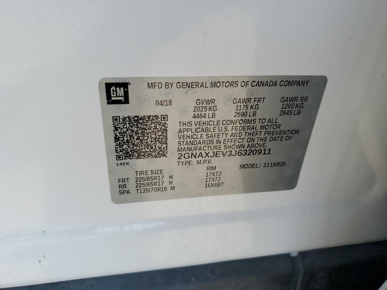 2018 Chevrolet Equinox Lt VIN: 2GNAXJEV3J6320911 Lot: 71498615