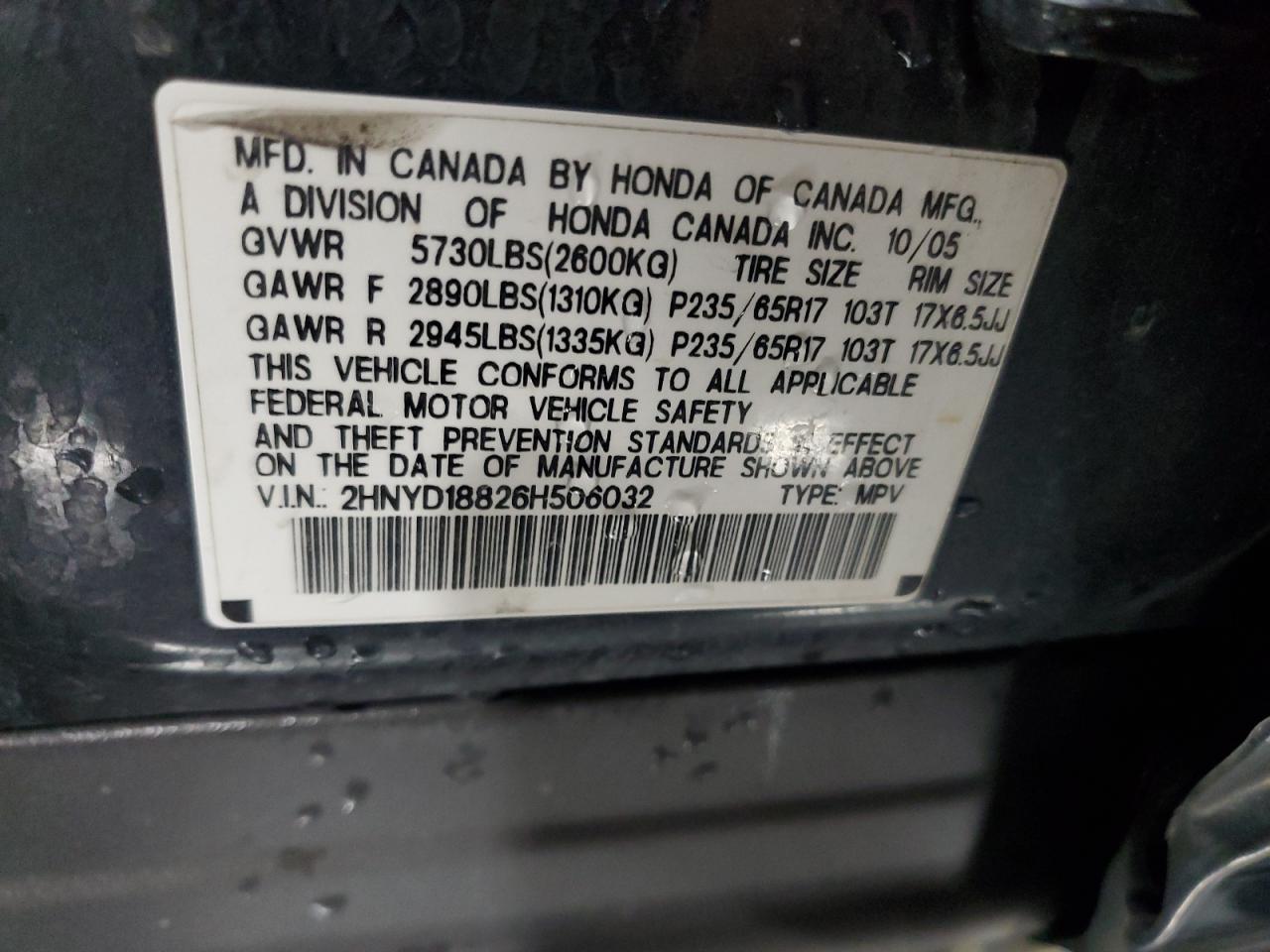 2006 Acura Mdx Touring VIN: 2HNYD18826H506032 Lot: 71732165