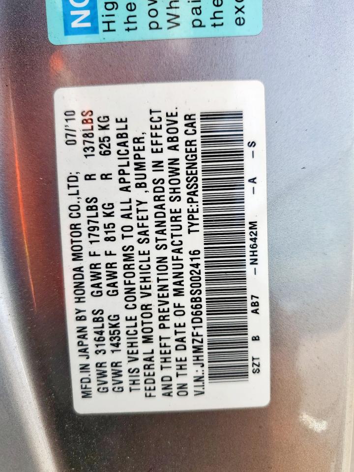 2011 Honda Cr-Z Ex VIN: JHMZF1D66BS002416 Lot: 80748905