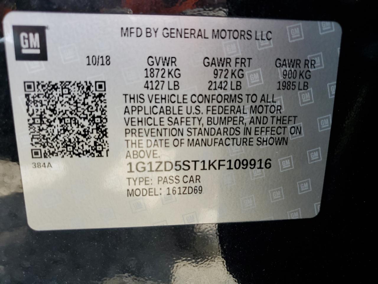 2019 Chevrolet Malibu Lt VIN: 1G1ZD5ST1KF109916 Lot: 71057675