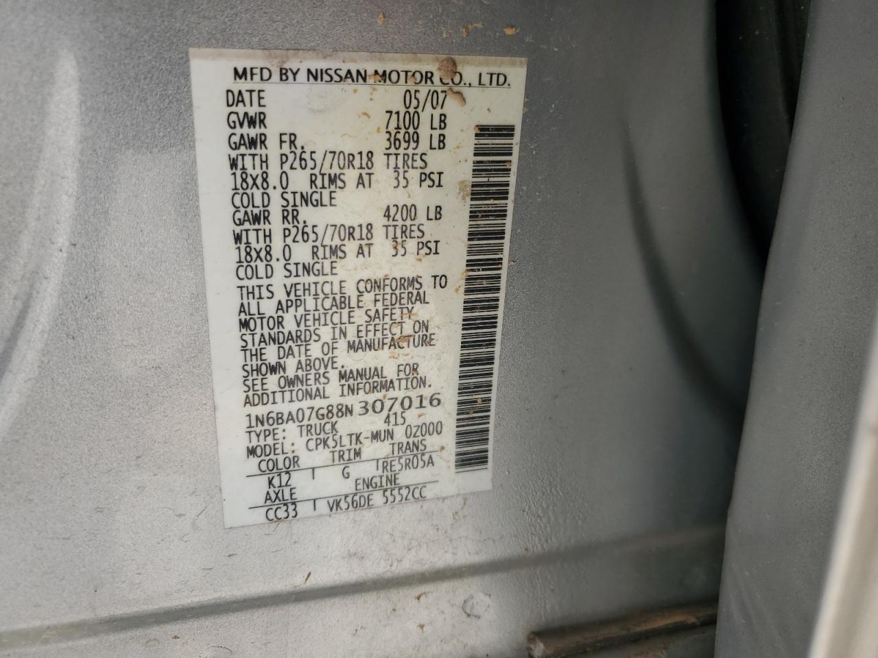 2008 Nissan Titan Xe VIN: 1N6BA07G88N307016 Lot: 80260665
