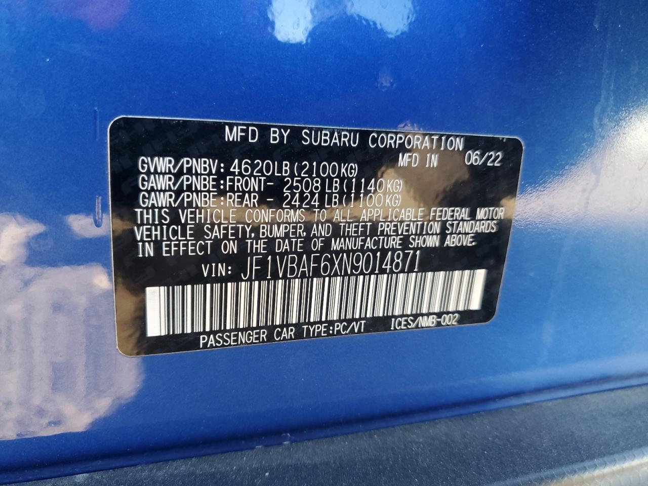 2022 Subaru Wrx Premium VIN: JF1VBAF6XN9014871 Lot: 71663675
